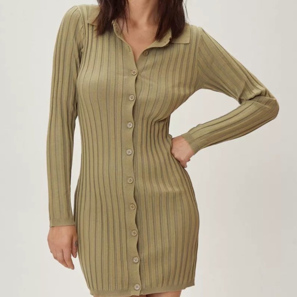 Collar Button Down Ribbed Knitted Dress